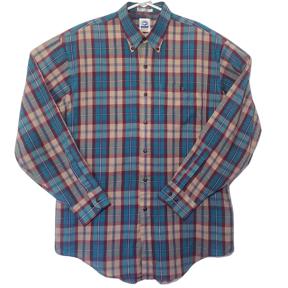 Vintage Arrow Dover Button Down Shirt Mens Large Teal & Beige Plaid Cotton Blend